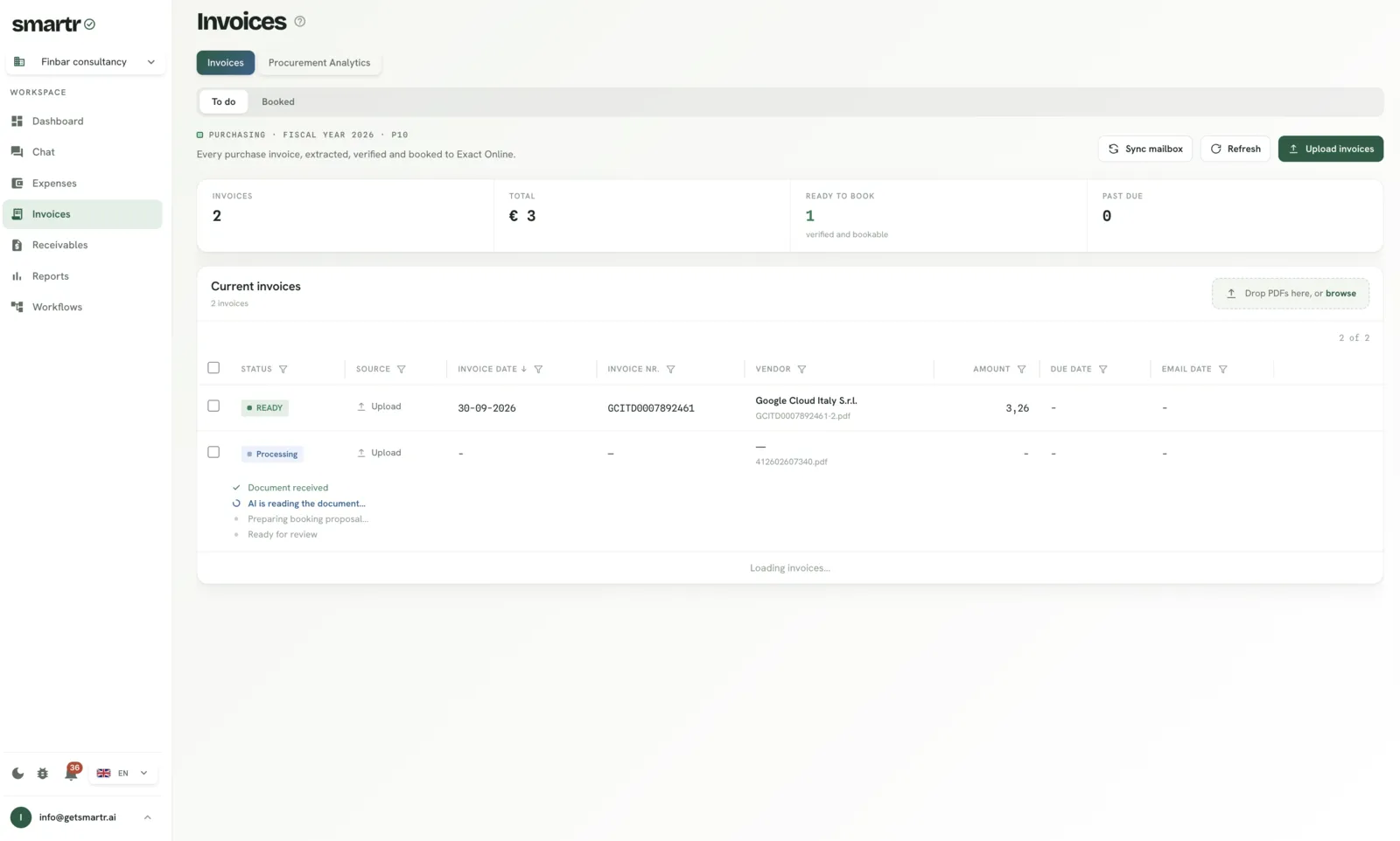 Schermata fatture di GetSmartr.ai con documenti pronti da registrare